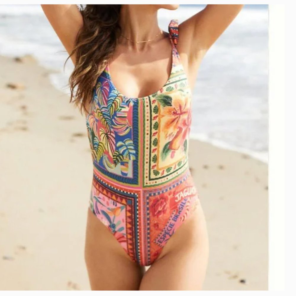 ⭐️ Farm Rio Lita One-Piece Boho Beach Farm Art Peasant Hipster Floral Swimsuit
